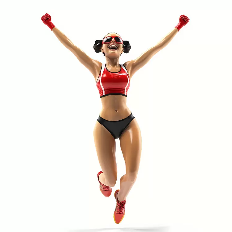 victory pose female athlete red bikini running