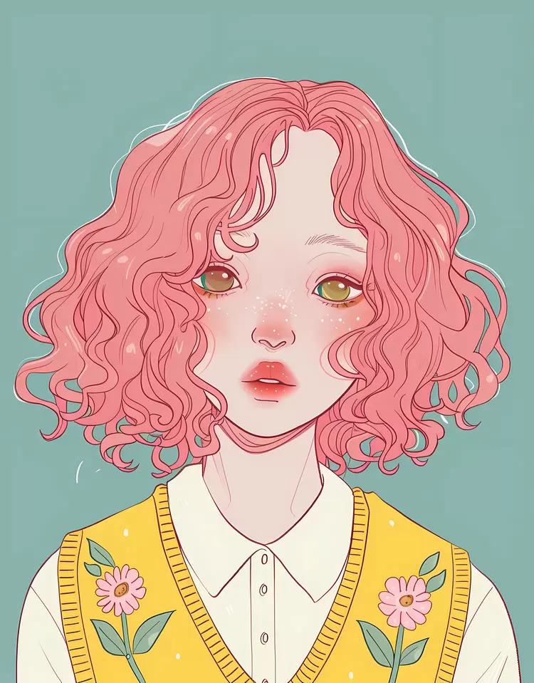 Flower pattern on her shirt Pink hair girl Large eyes Yellow vest