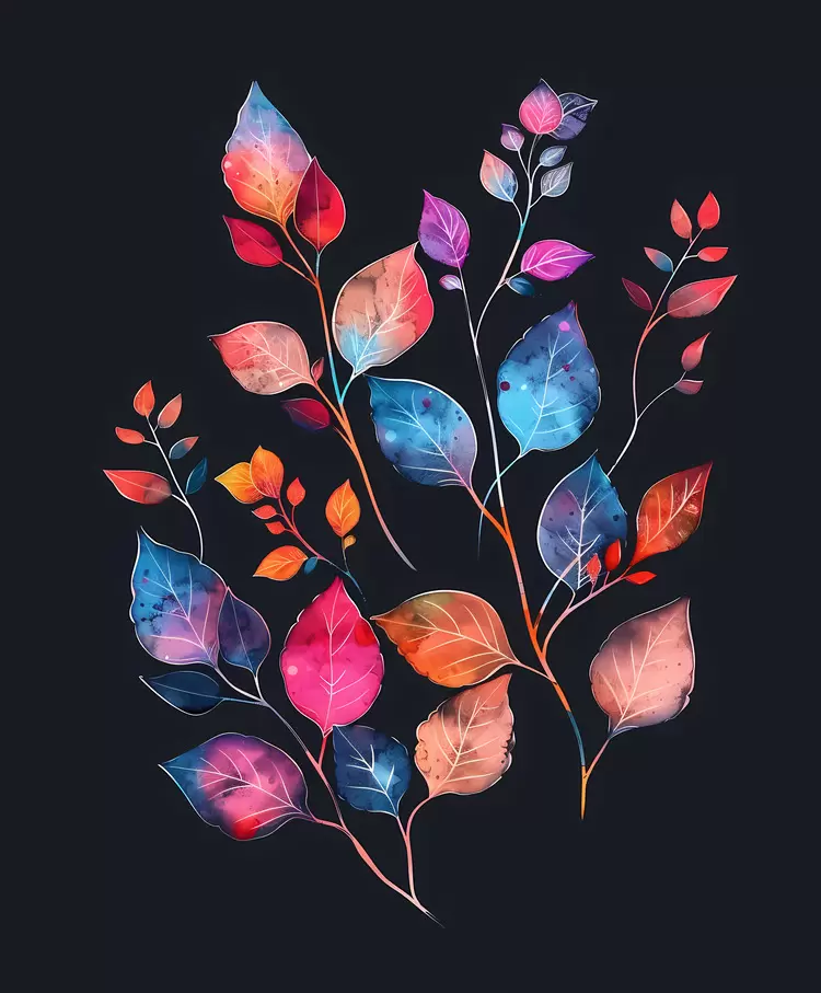 Botanical Foliage colorful leaves Bright Colors Brushstrokes