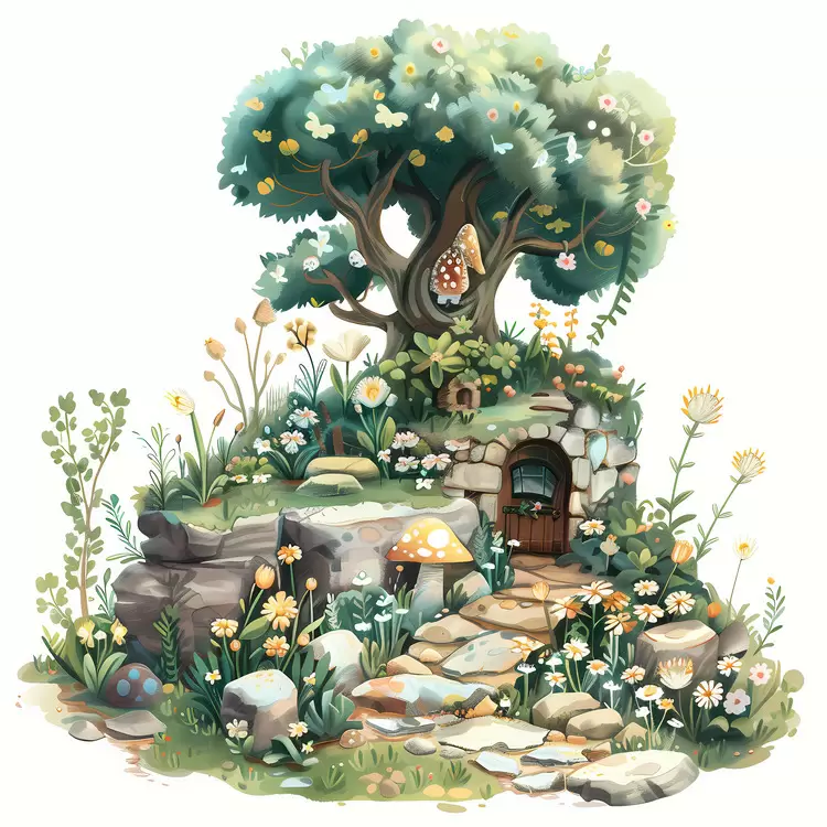 hill tree house Fairy Garden gnomes ferns