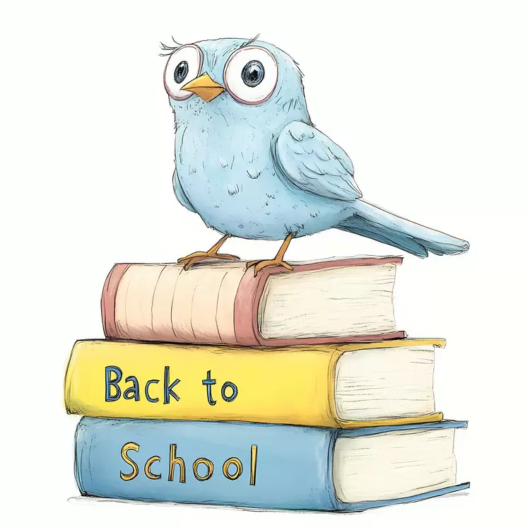 blue bird on pile of books Back to School learning birds on books