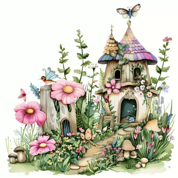 Garden scene Fairies Flower garden Pond Mushrooms