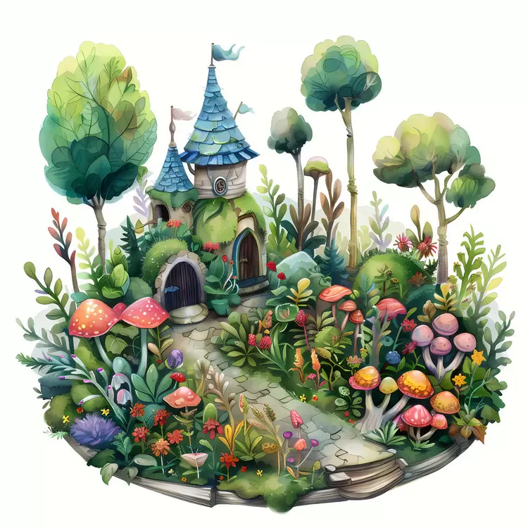 Enchanted castle Fantasy land Magic forest Fairy Garden Watercolor illustration