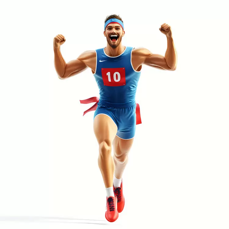 Blue and white uniformed athlete Blue and white clothing Blue athletic shirt and shorts winner Victory pose of athlete in blue uniform