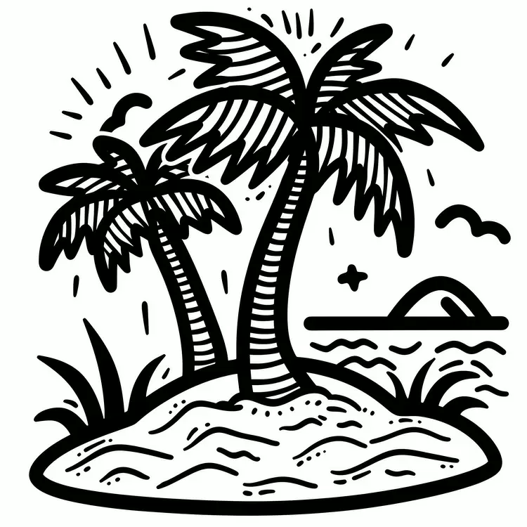 sun and moon tropical island Palm trees sunshine waves