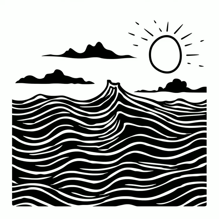 Sunset Hillsides Mountain Range Ocean Waves Clouds