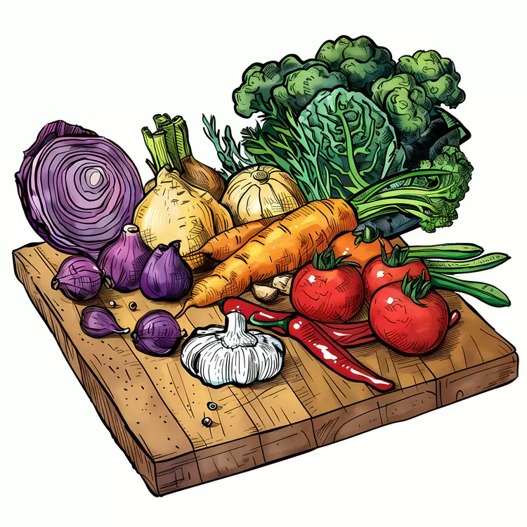 vegetables on a cutting board carrots International Vegetarian Day Vector drawing of a variety of vegetables peppers and tomatoes