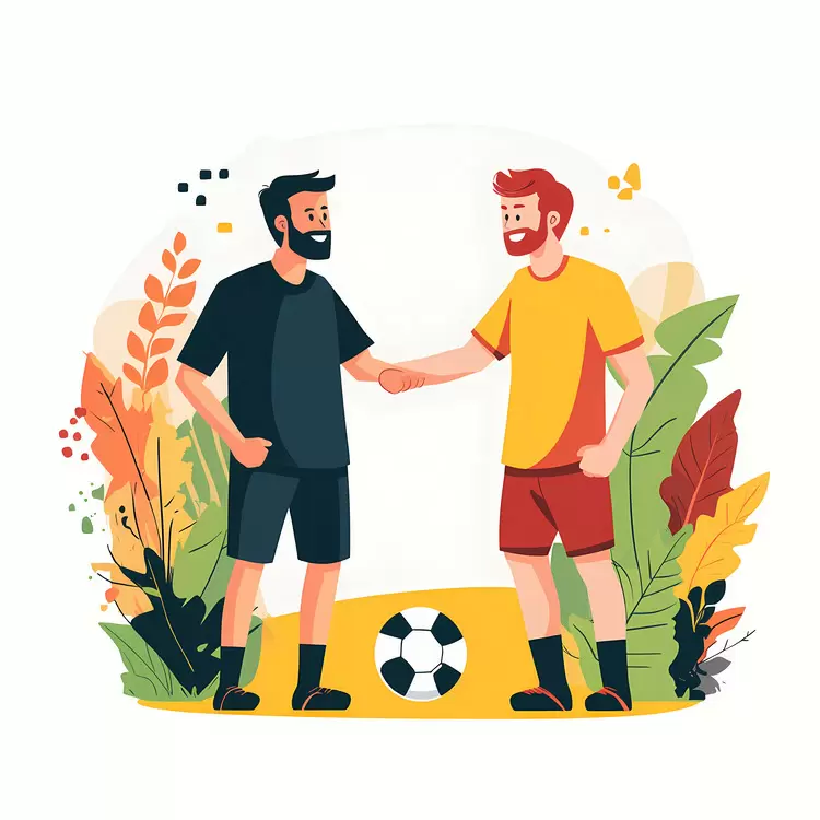 Sportsmanship Knee to knee touching Greenery background Formal handshake Bearded men